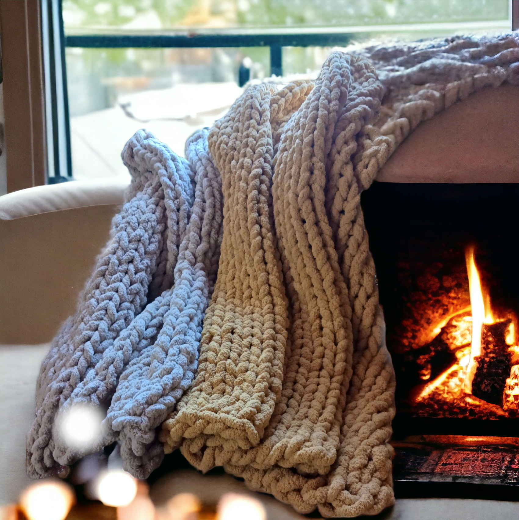 Two cozy, hand-knitted blankets, one light gray and one beige, are draped over a chair next to a lit fireplace.