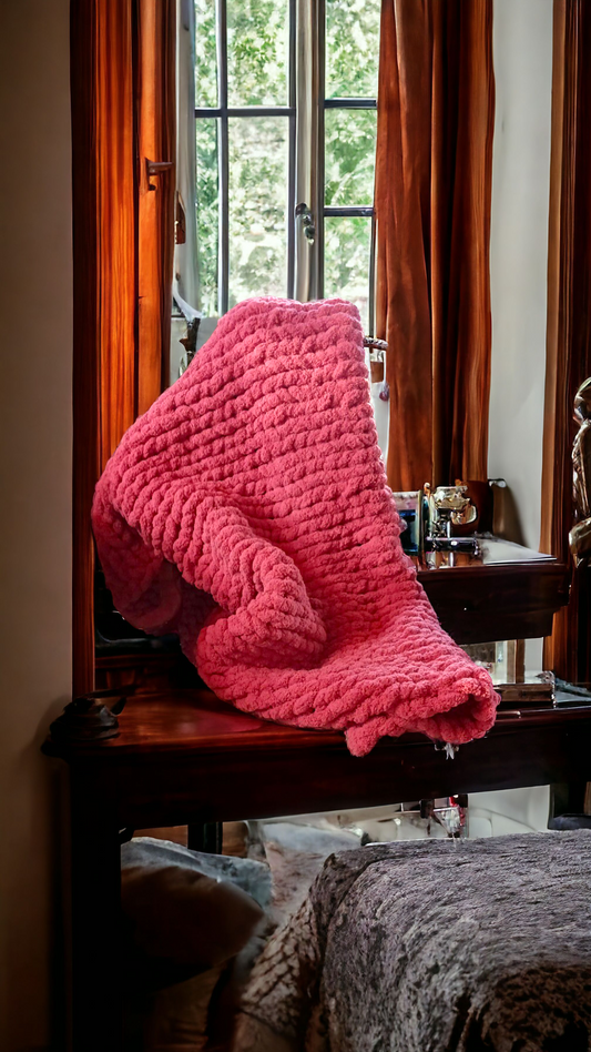 A burnt orange chunky knit blanket draped over the back of a chair in a room with a window in the background.