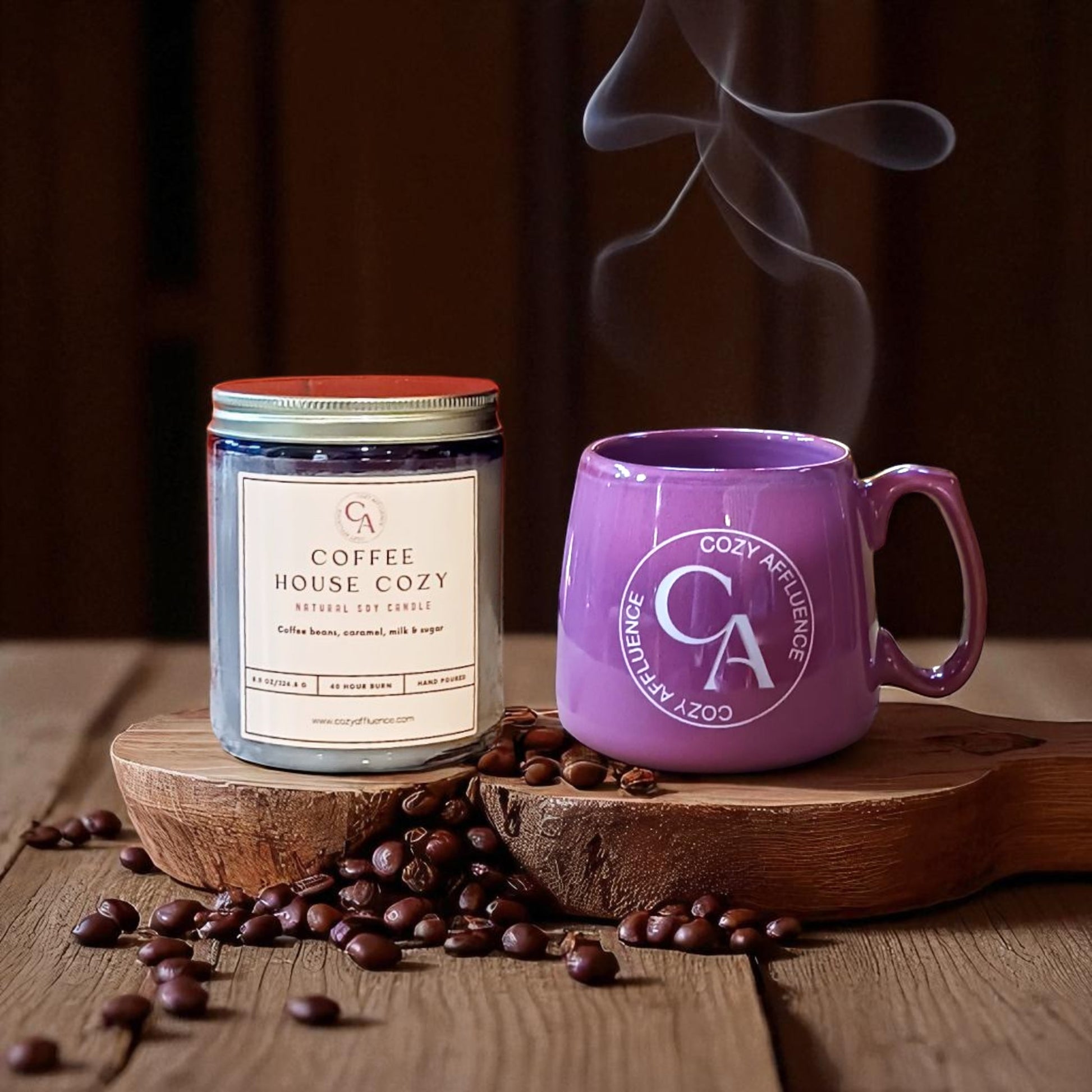 Coffee house candle with coffee mug on a wooden table with coffee beans