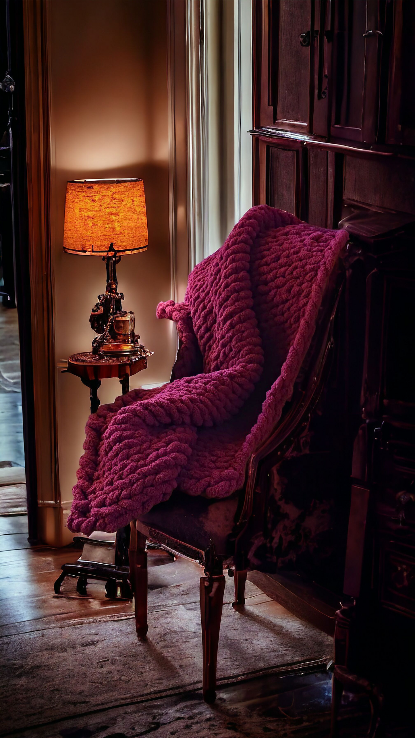 A cranberry chunky knit blanket in a deep red or cranberry color, draped over a chair next to a lamp with a warm light.