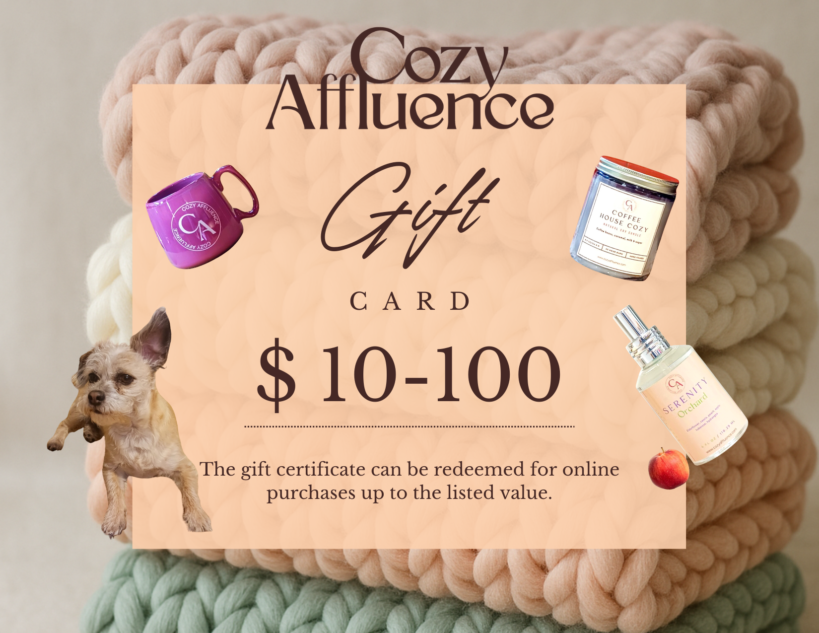 Cozy Affluence gift card for candle products, room sprays, and dog blankets on a textured surface