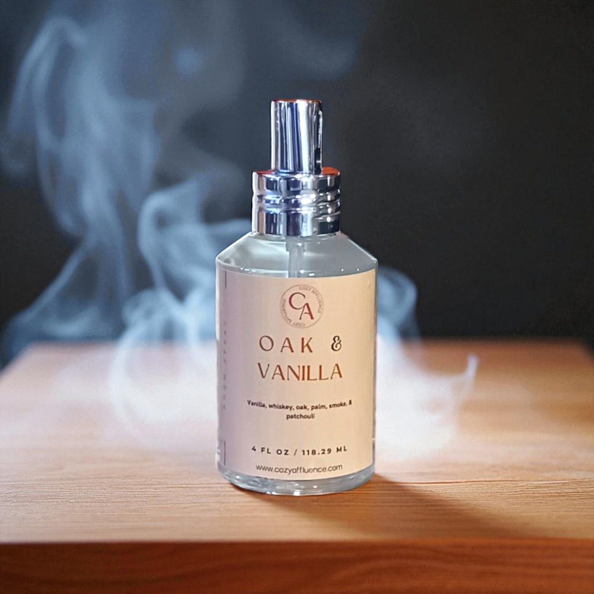 Bottle of 'Oak & Vanilla' fragrance with smoke effect on a wooden surface