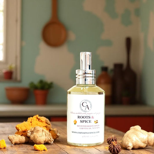 Roots & Spice room spray on a wooden surface with ginger & spices in the background.