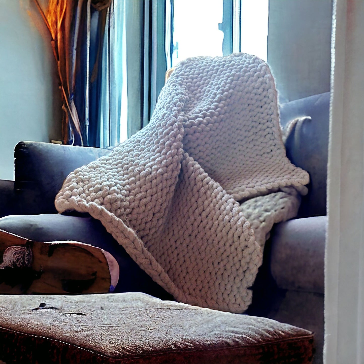 A beige chunky knit blanket draped over the back of a gray sofa, with a window in the background letting in natural light.